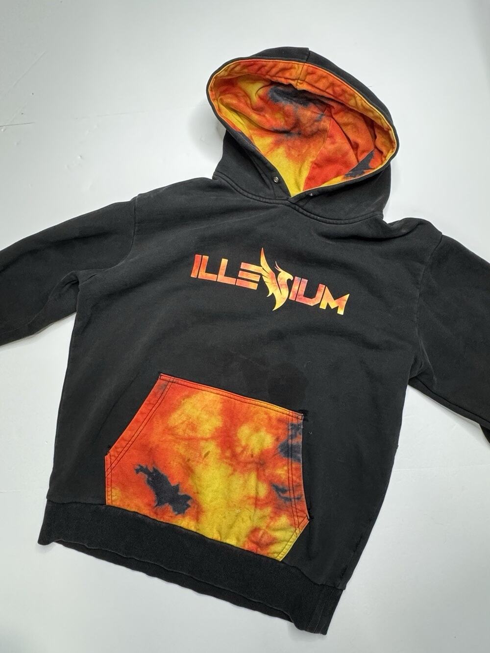 ILLENIUM Flame Tie Dye Hoodie Mens L Black Orange Yellow EDM Rave Festival